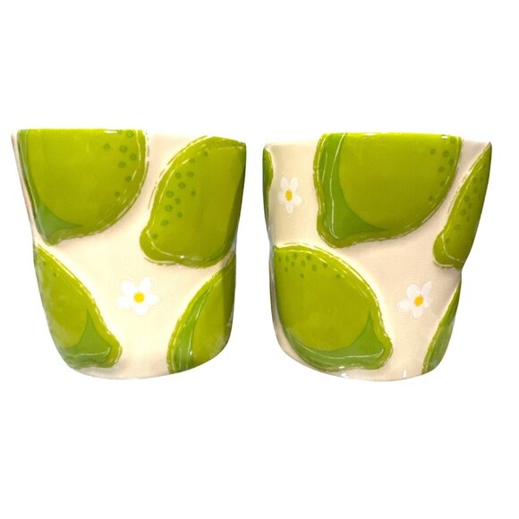 Starbucks Vintage 2006 Green Pear Daisy Ceramic Cup Set Pair Cottage Kitchen Bar - Picture 4 of 7